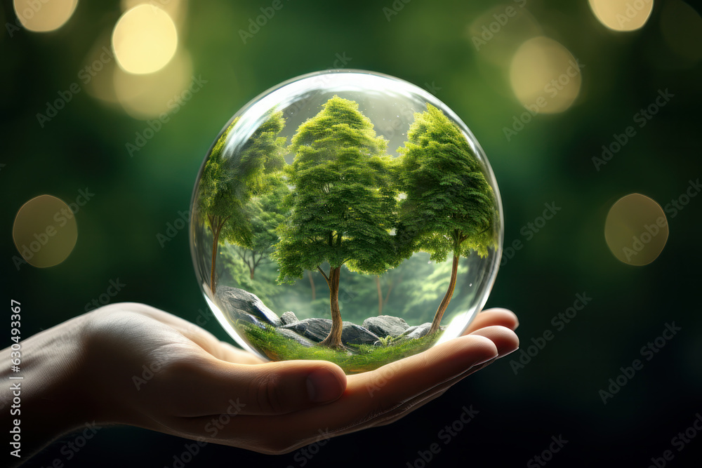 Human hand holding glass ball with tree inside. Environment conservation concept. 