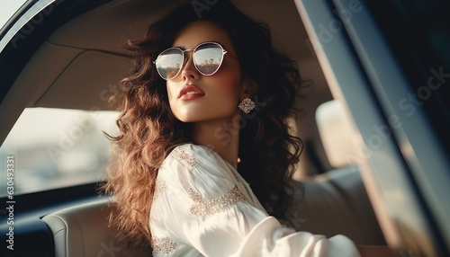 portrait of a luxurious woman in sunglasses driving an expensive car made with generative AI