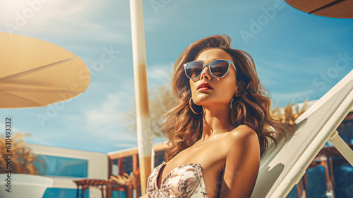 topmodel woman relaxing in a beach chair near a pool