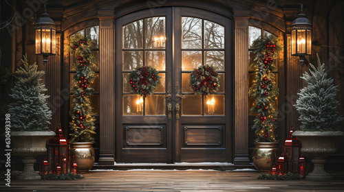 Beautiful Christmas Decorated Front Door and Porch of A House on A Winter Evening.