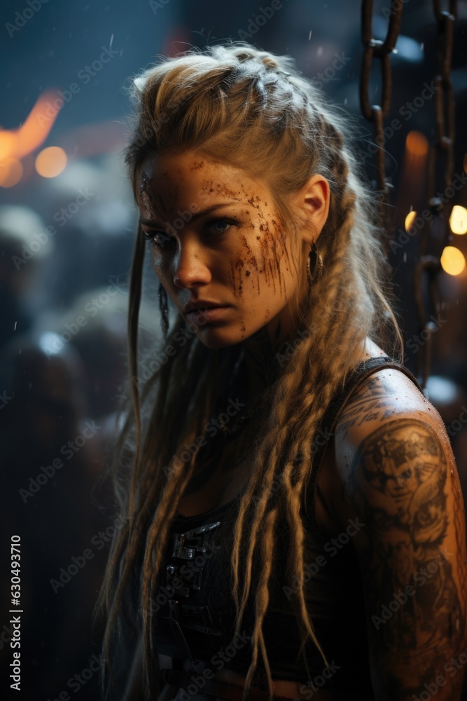 Portrait of a female Viking warrior, female medieval Scandinavian seafaring mariner Swedish, Norwegian and Danish Vikings, attractive bold warlike beautiful courage bravery bravery outlaw .