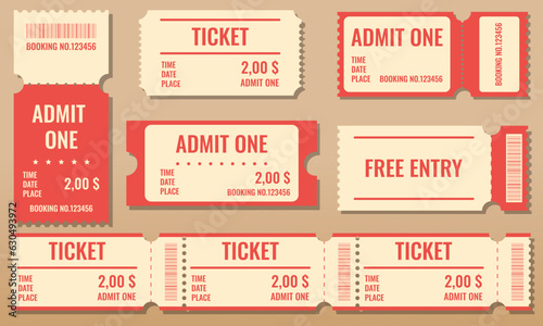 Set of retro coupons, tickets. retro sticker discount, admit one, vip entry. Vector illustration