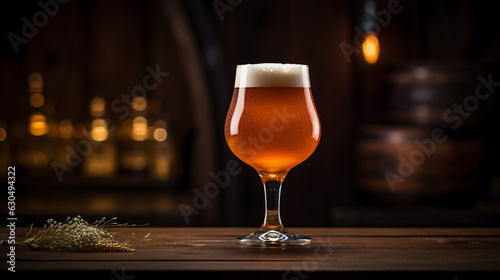 a glass of homebrew beer with a beautiful head, resting on a rustic wooden table, dark background