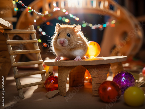 hamster navigating a miniature obstacle course, focus on the complexity of the course, artificial lighting, macro detail photo