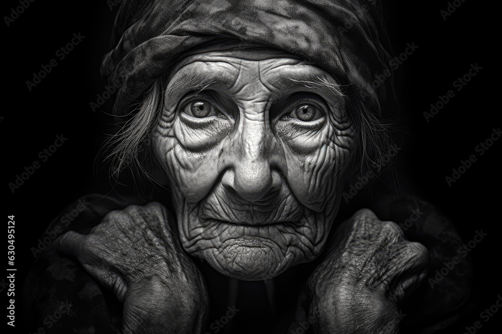 Old woman face. Black and white photo. Generative AI