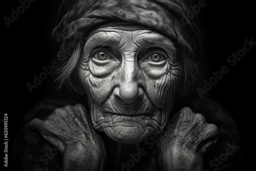 Old woman face. Black and white photo. Generative AI