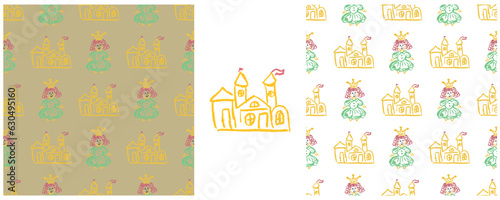 Set drawings with wax crayons. Print for cloth design, textile, fabric, wallpaper, wrapping paper