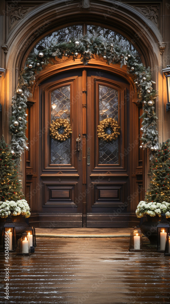 Beautiful Christmas Decorated Front Door and Porch of A House on A Winter Evening.