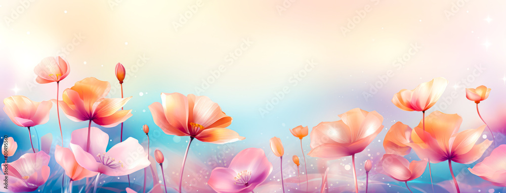 Summer blooming flowers with bokeh background, pastel and bright colors, abstract background of spring, nature sunrise. floral background. Ai generation