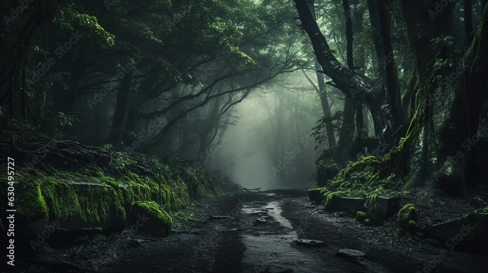 dunkler, grüner Wald mit Nebel - obrazy, fototapety, plakaty 