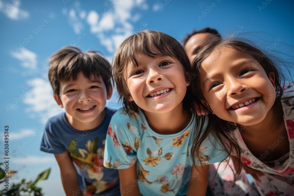 Group of children are smiling in different colored shirts Group of children are smiling in different colored shirts