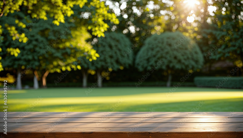 Wooden table top on blur background of green garden park with bokeh sunlight, generative AI Wooden table top on blur background of green garden park with bokeh sunlight, generative AI