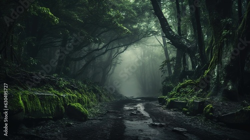 dunkler, grüner Wald mit Nebel photo