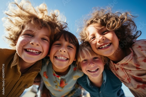 Group of children are smiling in different colored shirts