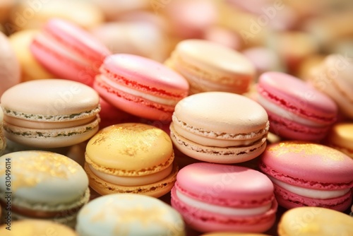Colorful French macaron cakes on a plate, food composition.