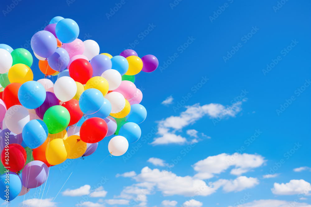 rainbow of balloons in a clear blue sky
