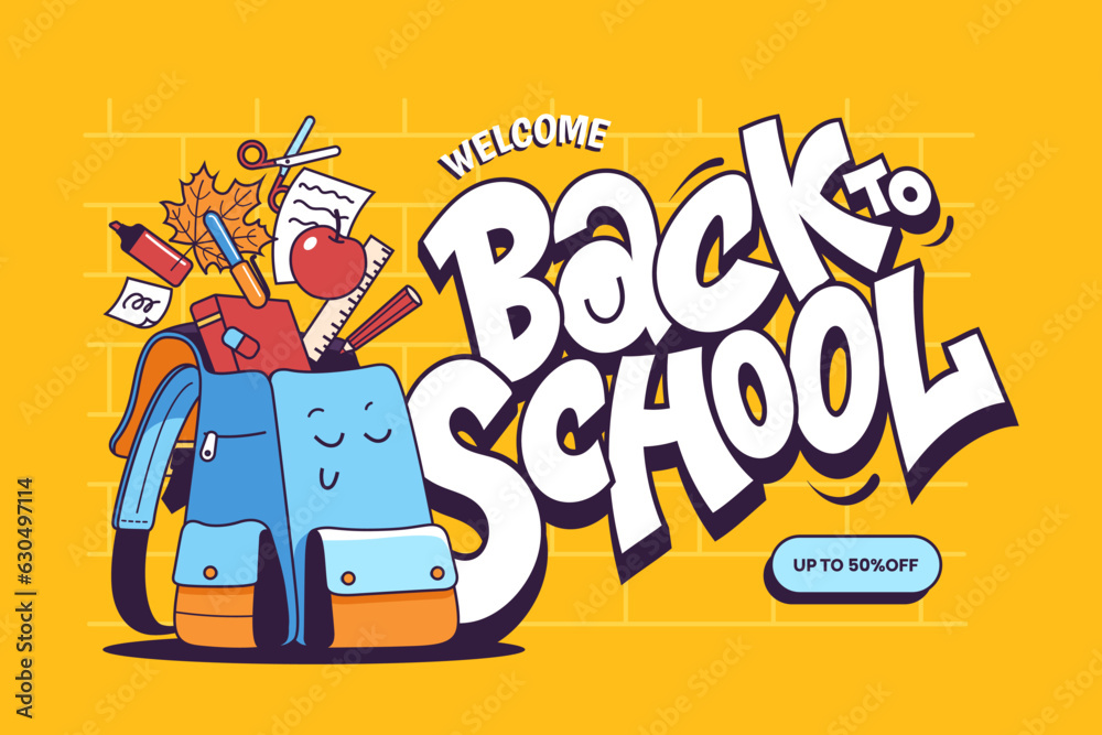 Fototapeta premium Welcome Back to School text in graffiti style. Funny blue backpack with school supplies falling into it. Cartoon style. Ideal for banner, poster, invitation, promotion, sale etc. Vector illustration.