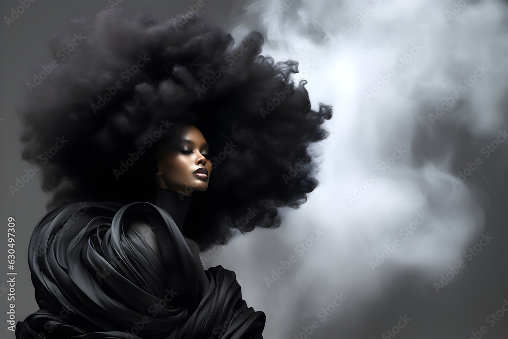 Fashion editorial Concept. Stunning beautiful woman in big afro hair wrapped in black silk . illuminated with dynamic composition dramatic lighting. sensual, advertisement, magazine. copy text space