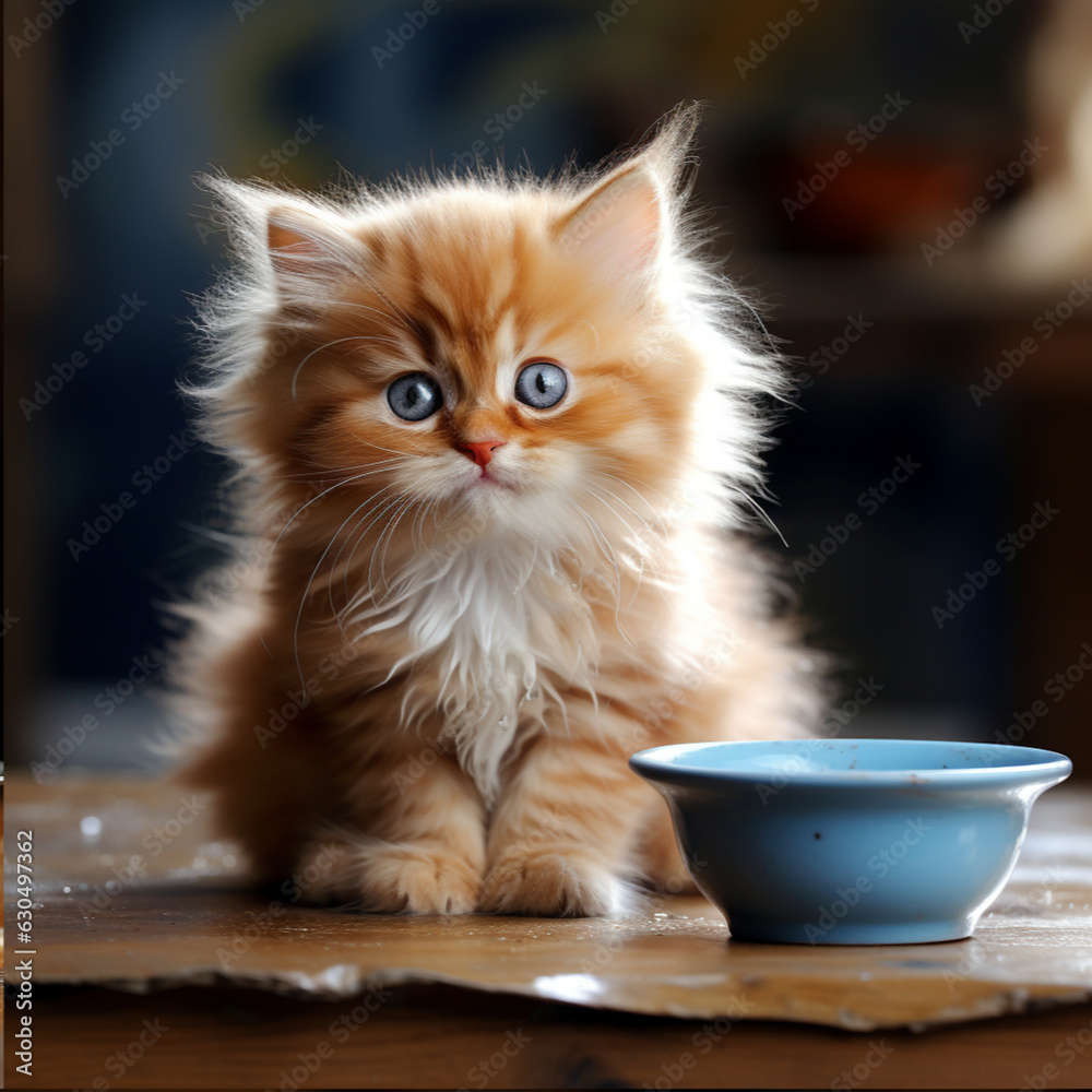 Cute cat sitting in front of the food bowl. Cute cat sitting in front of the food bowl.