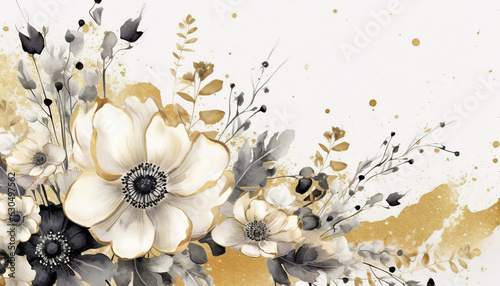 watercolor background with black and white floral