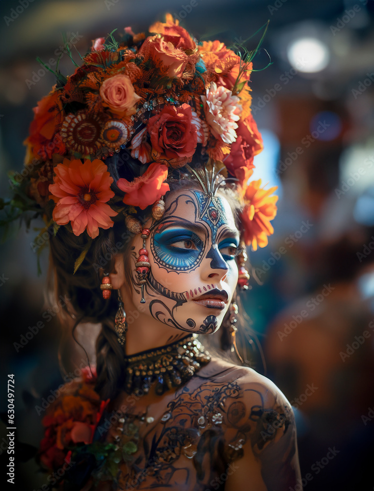 celebrating the day of the dead, with the typical makeup of katrina