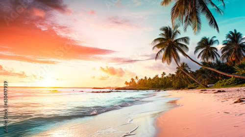 Colored beach with palm trees with sunset light and reflections. Vacation, romance. Ai generation