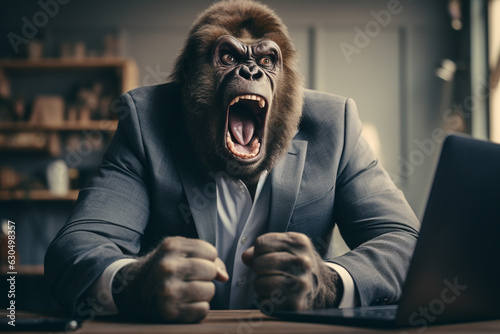 schimpfender, wütender Gorilla im Business Anzug vor dem Laptop bei der Arbeit im Büro / Home Office. Generative Ai.