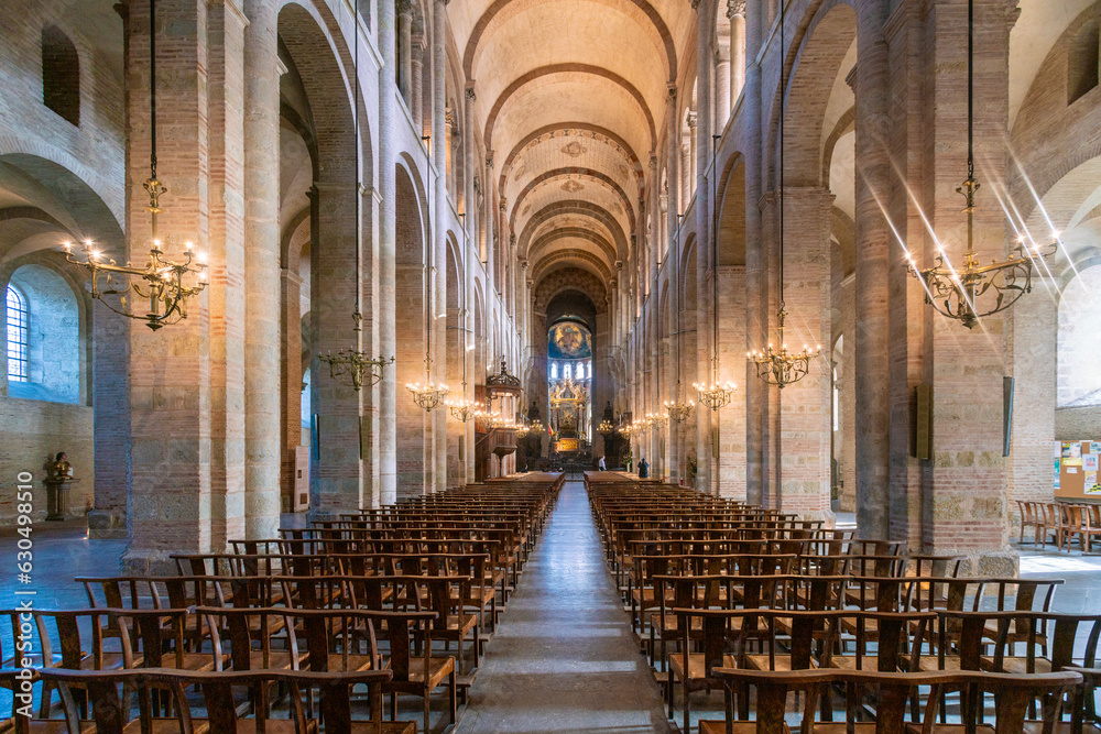 Interior of Basilica Saint-Sernin de Toulouse with altar, France