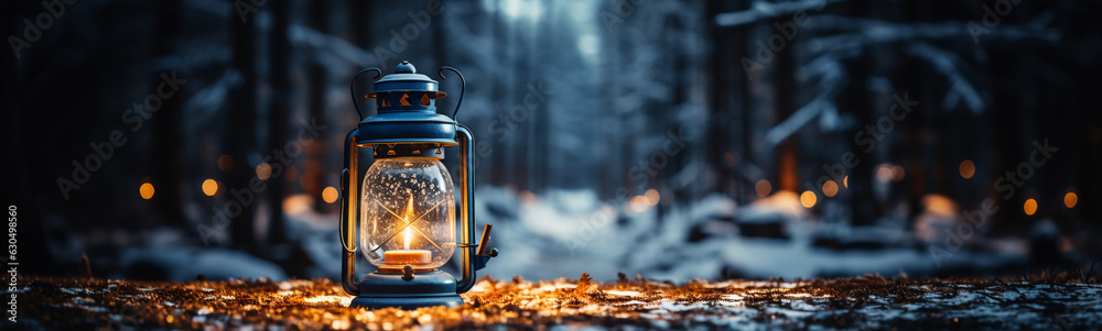 Warm and Inviting Lit Vintage Lantern Resting on Wood Planks Base Outdoors In A Winter Setting.