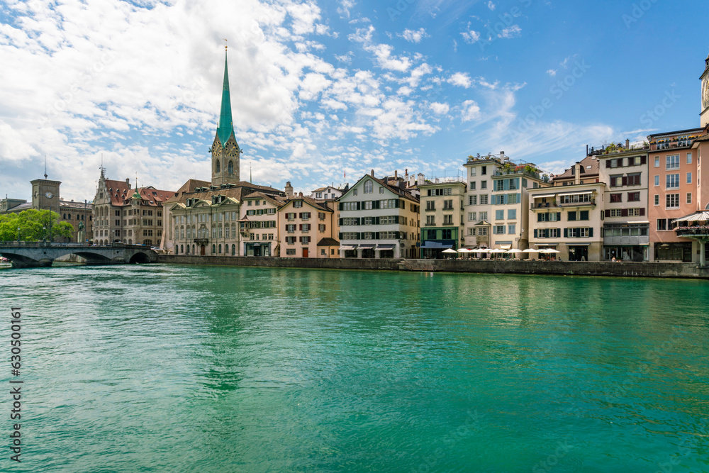 Cityscape of the old city of Zurich on the Limmat with Frauenmunster, Switzerland.