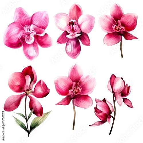 Set of pink orchid floral watecolor. flowers and leaves. Floral poster, invitation floral. Vector arrangements for greeting card or invitation design 