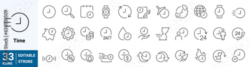 Set of 33 outline web icons related to Time. Time Speed, Hold, 24h Available and more. Editable Stroke. Vector illustration.