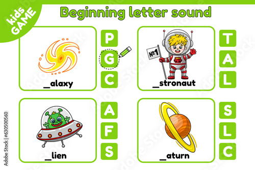 Cards matching educational game of beginning letter sound. Worksheet for learning English words on space theme. Spelling training. Cartoon astronaut, alien, planet Saturn, galaxy. Vector illustration.