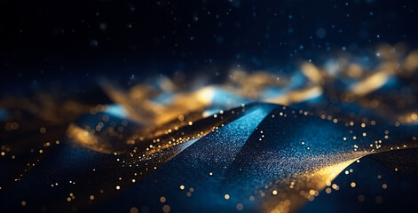 abstract background with Dark blue and gold particle. Christmas Golden light shine particles bokeh on navy blue background. Gold foil texture. Holiday concept.	