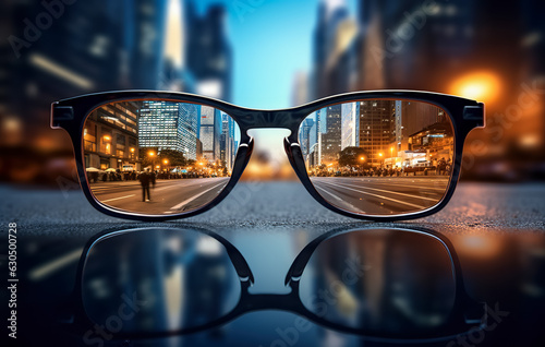 Modern bright city view through eyeglasses. Blurry background. Vision concept, digital ai