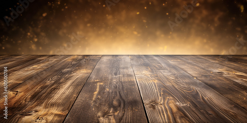 Empty wooden deck table with Bokeh background for product montage display, digital ai photo