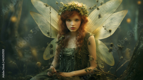 Forest fairy with butterfly wings in a fairy tale forest. Portrait of a woman in a fairy outfit. Dreamy fairy tale  fairy.  .