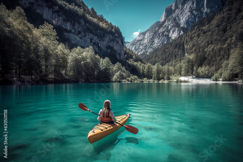 Mountain Serenity: A Woman Embraces the Tranquility of Kayaking on a Pristine Lake, ai generative © larrui