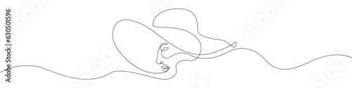 A woman's face line continuous drawing vector. One line A woman in a hat vector background. Aesthetics of a woman icon. Continuous outline of a Woman's head, beauty.