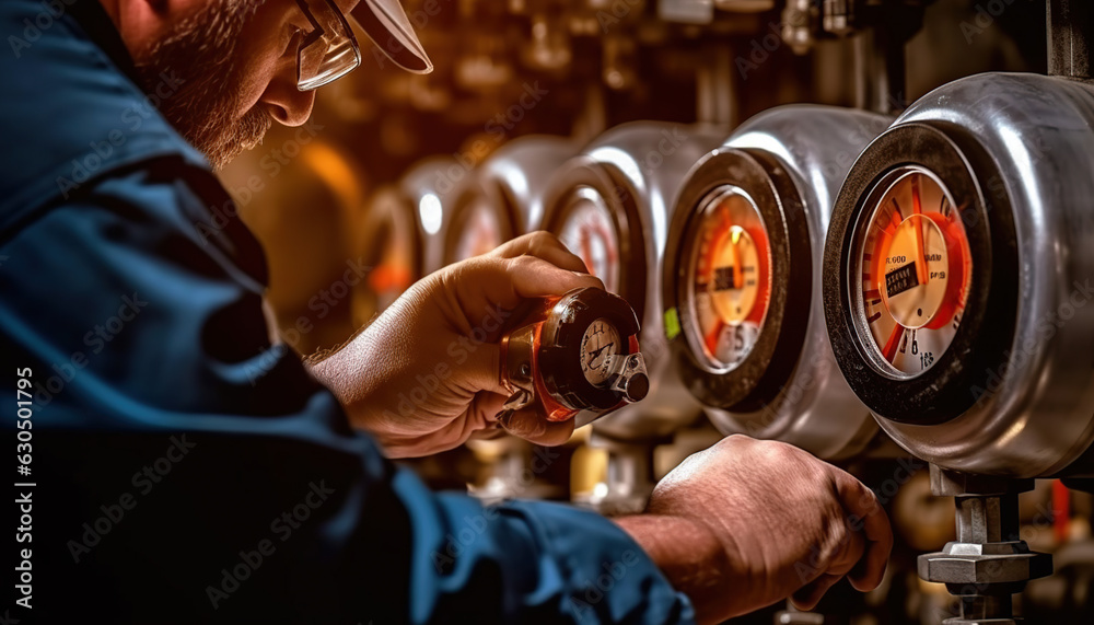 Mechanical maintenance technician checking pressure gauge of