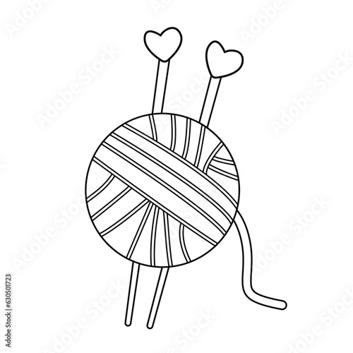 Simple outline yarn or wool and knitting in cute style with heart. Vector illustration, isolated on a white background with live stroke