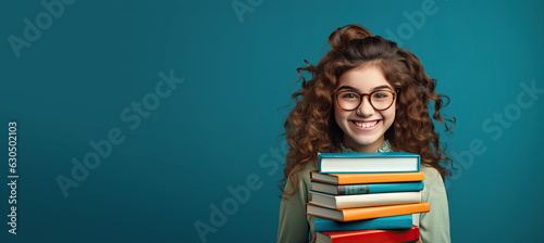 Cute Young Girl Holding Books Heading Back to School with Space for Copy
