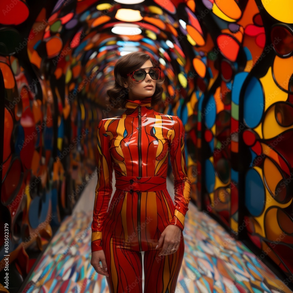 Fototapeta premium Model posing in a high-fashion editorial shoot wearing glossy latex against a vibrant and abstract geometric room. Generative Ai