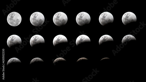 Full moon lunar eclipse with 18 phases going from full to nothing