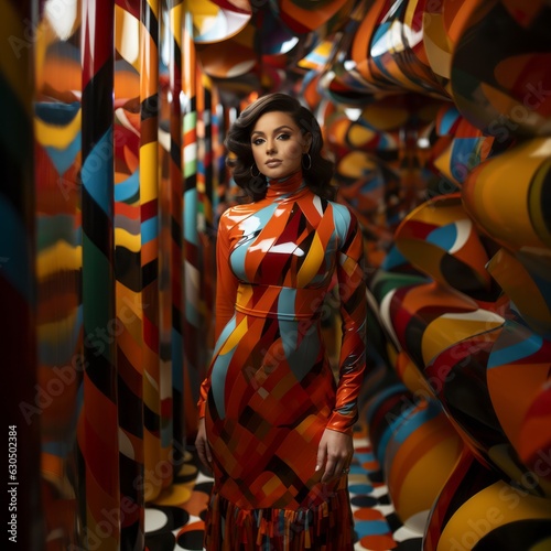 Model posing in a high-fashion editorial shoot wearing glossy latex against a vibrant and abstract geometric room. Generative Ai