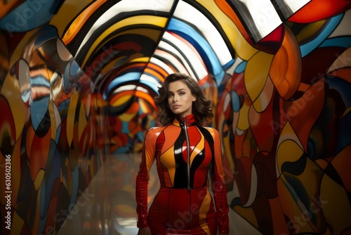 Model posing in a high-fashion editorial shoot wearing glossy latex against a vibrant and abstract geometric room. Generative Ai