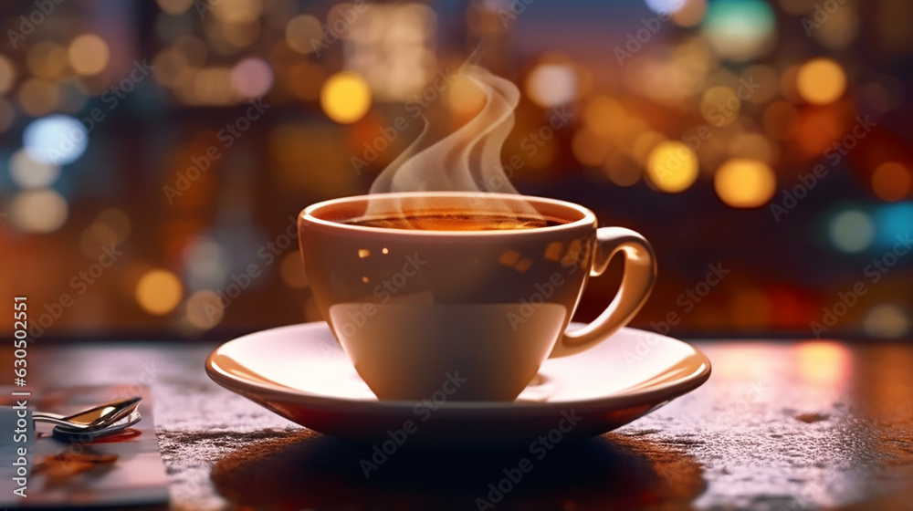 Fototapeta premium A cup of coffee on a table in front of a street with a city lights