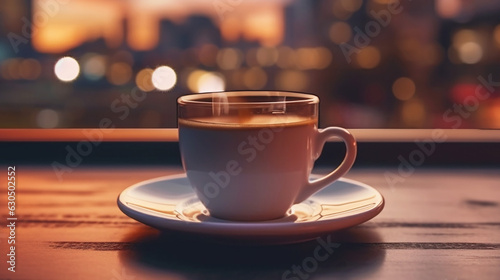 A cup of coffee on a table in front of a street with a city lights