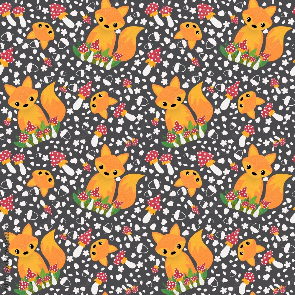 Obraz premium Autumn cartoon animals seamless fox and mushrooms fly agaric pattern for wrapping paper and fabrics and kids