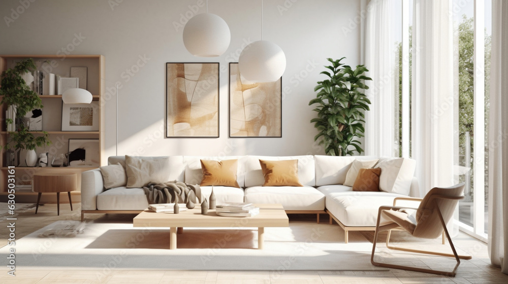 Contemporary Interior Design Background. nterior of living room with green houseplants and sofas. Scandinavian Living Room. Contemporary Interior Design Background. nterior of living room with green houseplants and sofas. Scandinavian Living Room.